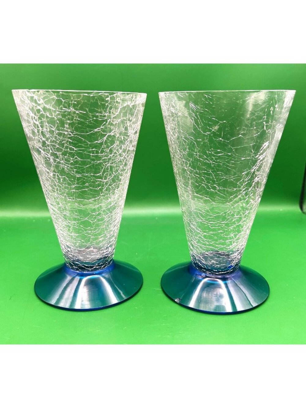 Mid Century Barware Drinking Glasses Crackle Glass Cone Shape Blue Base Set of 2